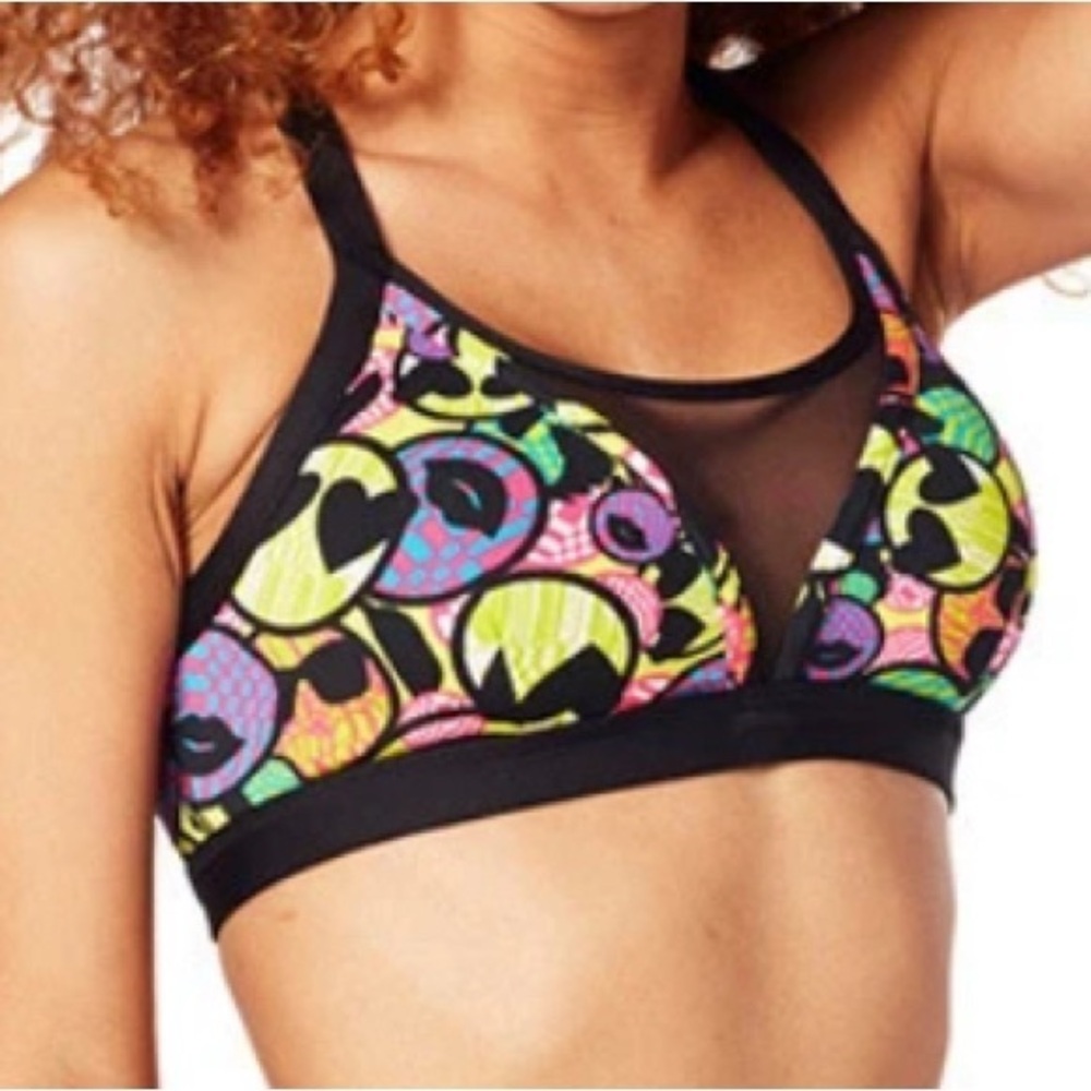Zumba Women’s Zmoji Mesh Insert Sports Bra Colorful Workout Aerobics Small